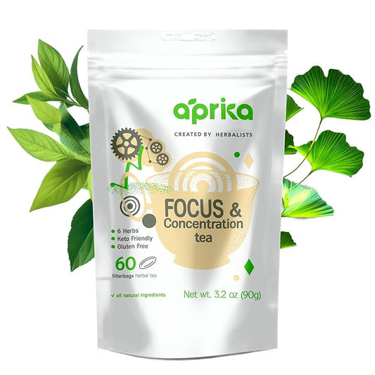 AprikaLife - Focus and Concentration Herbal Tea 100% Natural Herbal Tea Created by Herbalists - Yerba-Mate, Lemon Balm, Ginko Biloba, Thyme, Rosemary. Improves Attention & Energy – 60 Bags
