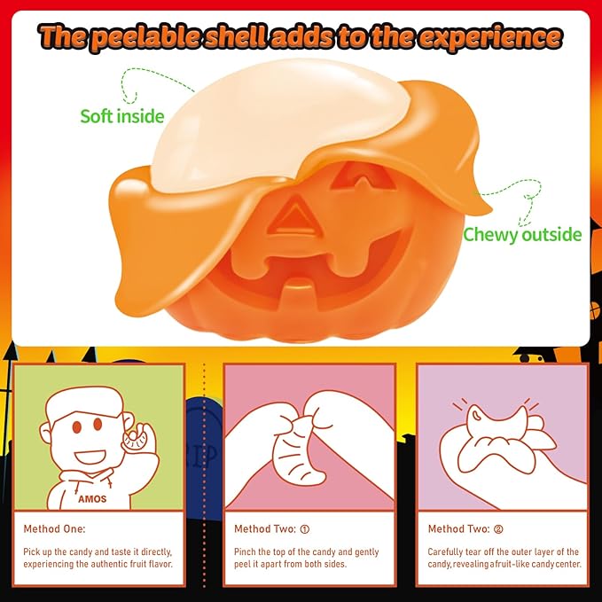 AMOS Peelerz Halloween Gummy Pumpkins, Peelable Orange Flavor Candy, Made with Real Fruit Juice, 6oz Resealable Bag