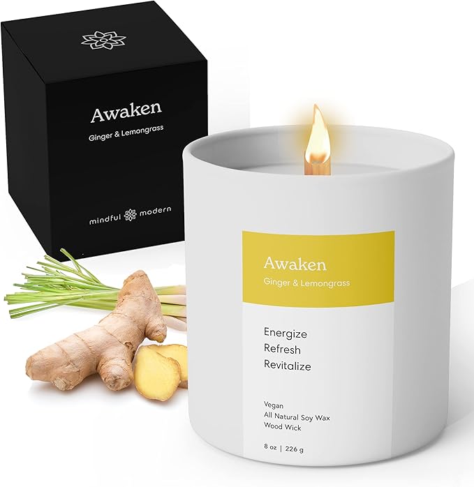 Mindful Modern Natural Awaken Candle | Ginger & Lemongrass Scented | Aromatherapy for Stress Relief, Meditation, Yoga, Chakra Healing, & Prayer | Elegant Home Fragrance | Soy Wax | 8oz Glass Jar