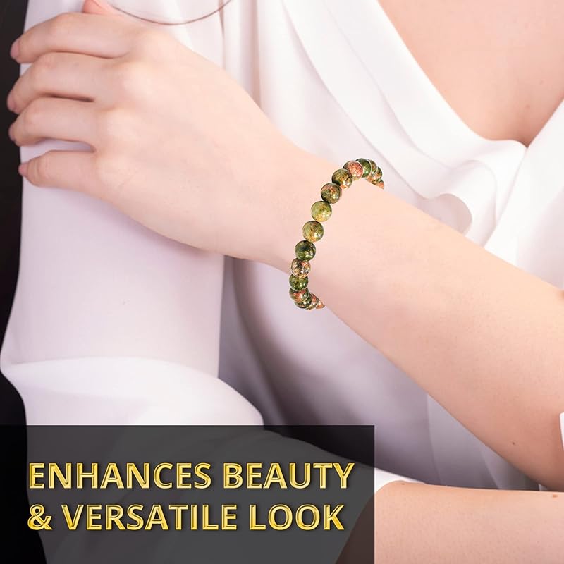 Genuine Unakite Bracelet, Natural Healing Crystal Bracelet for Women and Men, 8mm Round Beaded Bracelet for Relieve Stress, Depression, love, Elastic Adjustable Size Gemstone Bead Bracelet