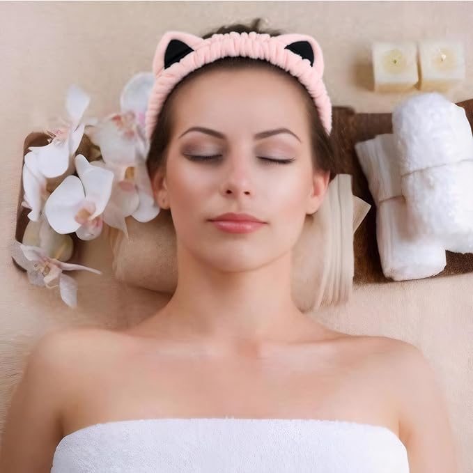 2 Pcs Cat Ears Headband, Cute Spa Headbands for Washing Face Skincare Makeup Headbands for Women Girls Trendy Stuff Present Soft Coral Fleece Hair Accessories(Pink Purple)