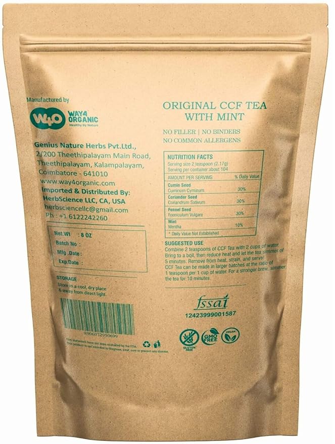 CCF Tea (Cumin, Coriander, Fennel) with Mint - Digestive Tea to Support Natural Detoxification 8 Ounces (Pack of 1)