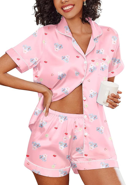 Ekouaer Silk Pajamas for Women Short Sleeve Sleepwear Soft Button Down Loungewear 2 Piece Satin Pjs Shorts Set S-XXL