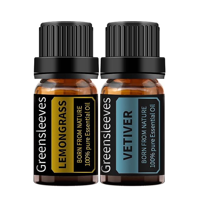 GREENSLEEVES Vetiver and Lemongrass Essential Oil Set, 2 x 10ml Pure Plant-Based Fragrance Oil for Aromatherapy, Essential Oils for Diffuser, Massage, Bath Bomb, Scented Candle Soap Making