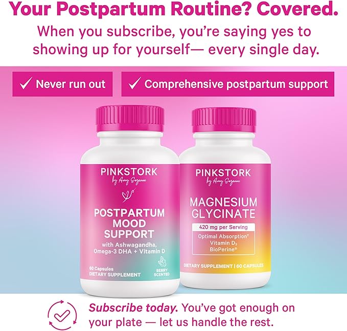 Pink Stork Postpartum Mood Support - Postnatal Hormone Balance for Women - Breastfeeding Friendly - Stress & Cognitive Support, New Mom Essentials - Ashwagandha, Chamomile, & Vitamin D, 60 Capsules