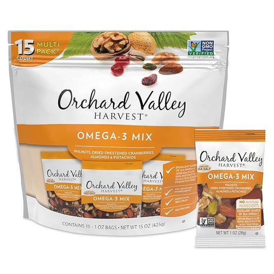 Orchard Valley Harvest Omega-3 Mix, 1 Ounce Bags (Pack of 15), Walnuts, Cranberries, Almonds, and Pistachios, Gluten Free, Non-GMO, No Artificial Ingredients, Healthy Snacks for Adults