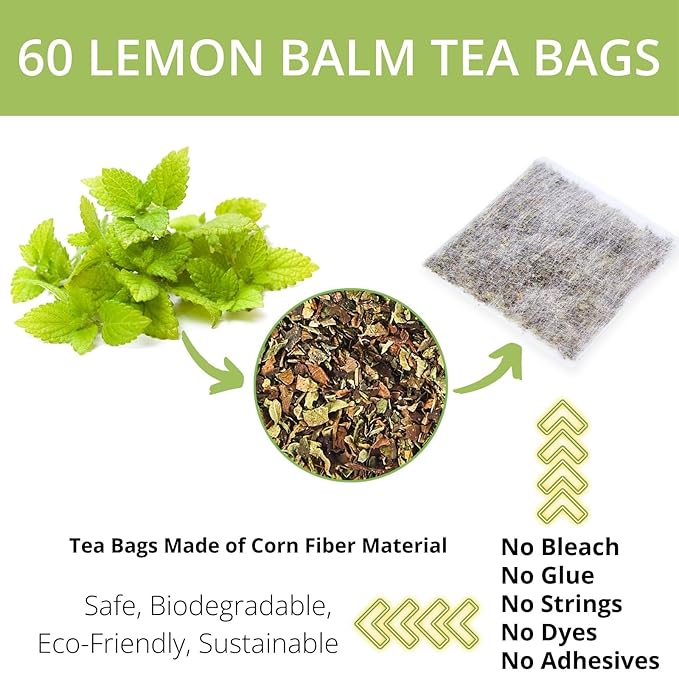 60 Lemon Balm Tea Bags - VitalForest Dried Lemon Balm Leaves Tea -1.5g/Bags, Calming Herb, Stress Relief & Sleep Support, Non-GMO, Caffeine-Free