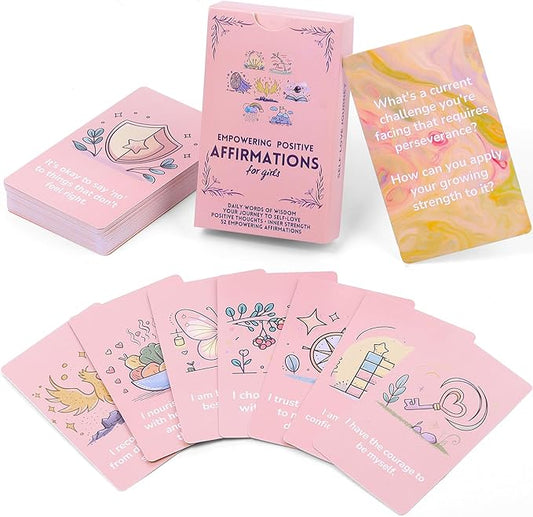 Positive Affirmation Cards for Teen Girls (Ages 10-16), 54 Daily Self Love Cards, Pink Confidence Building Gift Set with Mindset Activities