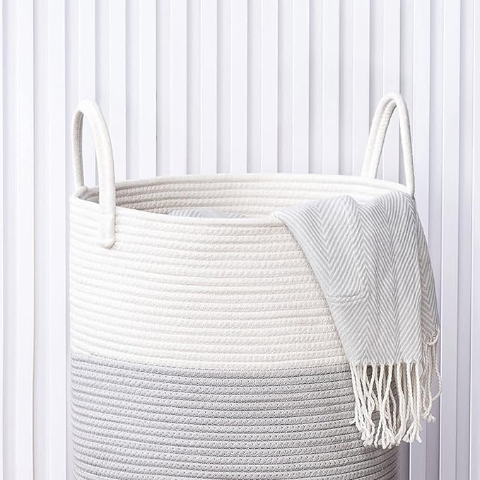 Cotton Rope Laundry Hamper by YOUDENOVA, 58L - Woven Collapsible Laundry Basket - Clothes Storage Basket for Blankets, Laundry Room Organizing, Bedroom Storage, Clothes Hamper – Blue