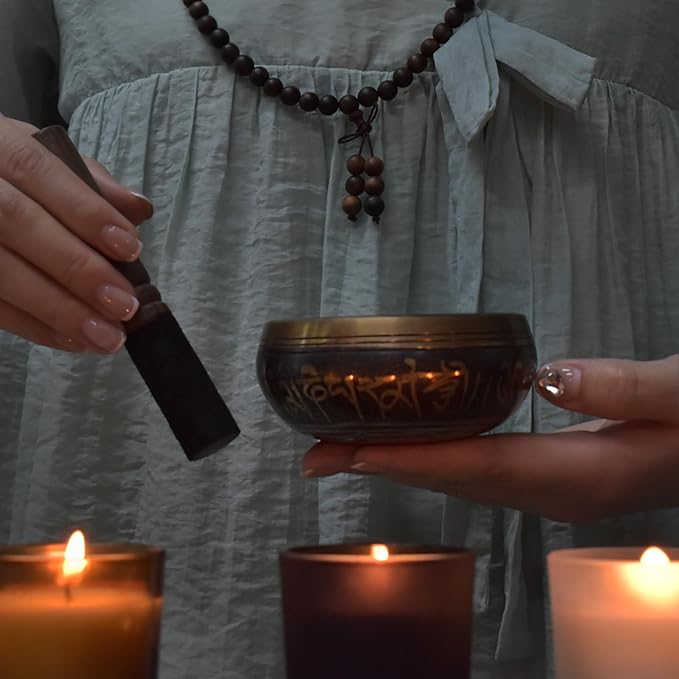 Artcome 7PCS Tibetan Meditation Set - Tibetan Singing Bowl & Tibetan Tingsha Cymbals Bells Handmade in Nepal for Meditation, Yoga, Tranquility, Relaxation, Chakra Healing, Stress Relief & Mindfulness