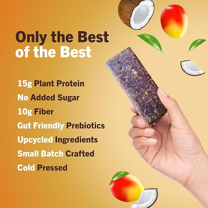 Amrita Nut Free Mango Coconut Vegan Protein Bars (12 Count) | 11g Plant-Based Protein Bar | Peanut Free, Gluten Free, and Dairy Free | Low Sugar, High Fiber, Healthy School-Safe Snacks