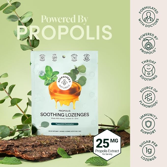 Beekeeper's Naturals Soothing Mint Eucalyptus Cough Drops, Immune Support with Vitamin D, Zinc and Propolis, Cooling & Throat Soothing Lozenges, 14 Ct