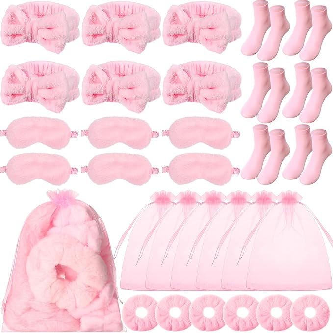 30 Pcs Spa Party Favors Sleepover Party Supplies Include 6 Bow Headbands 6 Eye Masks 6 Pink Socks 6 Scrunchies 6 Organza Bags for Girls Women Slumber Spa Birthday Bachelorette Pajama Gifts