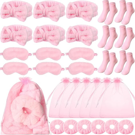 30 Pcs Spa Party Favors Sleepover Party Supplies Include 6 Bow Headbands 6 Eye Masks 6 Pink Socks 6 Scrunchies 6 Organza Bags for Girls Women Slumber Spa Birthday Bachelorette Pajama Gifts