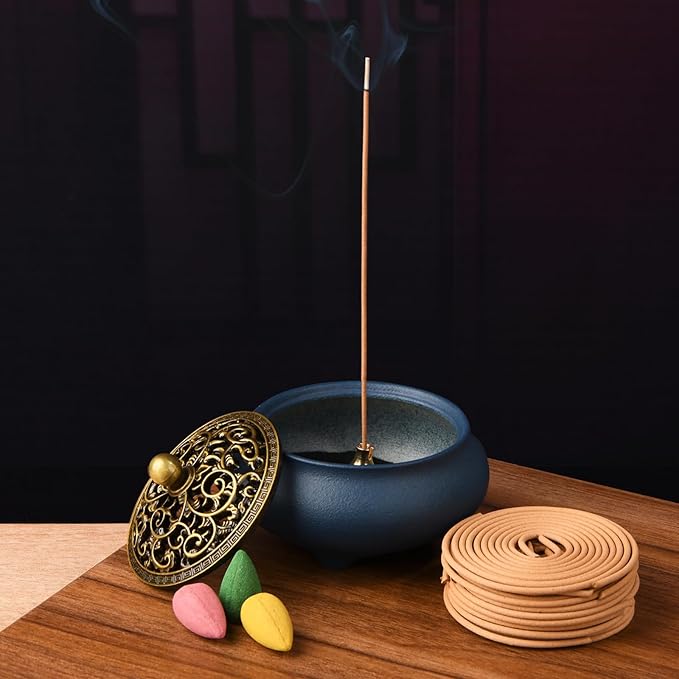 Ceramic Incense Burner with Incense Holder+ Fireproof Cotton,Handmade Smudging Burn Bowl for Stick or Coil Incense,Sage Cones, Frankincense and Mosquito Incense (Blue)
