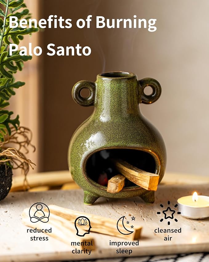 Ceramic Palo Santo Holder, Modern Incense Holder Burner for Sticks Sage Bundles Cone Incense, Chimenea Incense Dish for Meditation Decor, Green