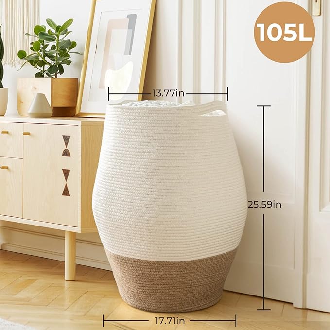 Goodpick Large Laundry Hamper | Tall Wicker Hamper Laundry Basket, Soft Cotton Rope Woven Hamper, Farmhouse Design Graceful Basket 25.6 Inches Height