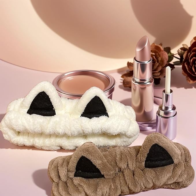 2 Pcs Cat Ears Headband, Cute Spa Headbands for Washing Face Skincare Makeup Headbands for Women Girls Trendy Stuff Present Soft Coral Fleece Hair Accessories(Beige Khaki)