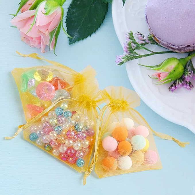 100Pcs Organza Gift Bags Gold Small Jewelry Pouches Wedding Jewelry Bag 2x3 Inch Favour bags Lavender Bag for Wedding Birthday Party Christmas Candy Mesh Bags