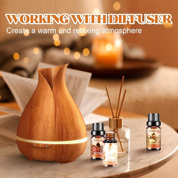 Autumn Essential Oils Set, 6 Premium Fall Fragrance Oils for Diffuser for Home, Aromatherapy Oils for Pumpkin Crunch Cake, Apple Pie, Flannel, Marshmallow, Magic,Leaves Scents for Soap Candle Making