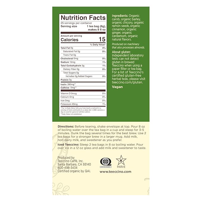 Teeccino Maya Chai Herbal Tea - Rich & Roasted Herbal Tea That's Caffeine Free & Prebiotic for Natural Energy, 25 Tea Bags