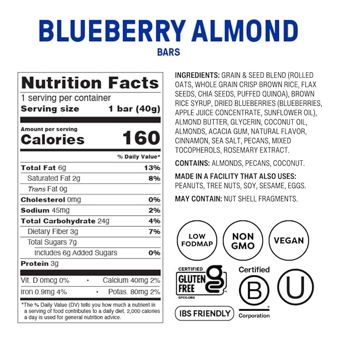 Fody Foods Snack Bars, Blueberry Almond, 1.41 Oz (Pack of 12), 3g Protein, Low FODMAP, Gut & IBS Friendly, Vegan, Lactose Free, Non-GMO, Gluten Free