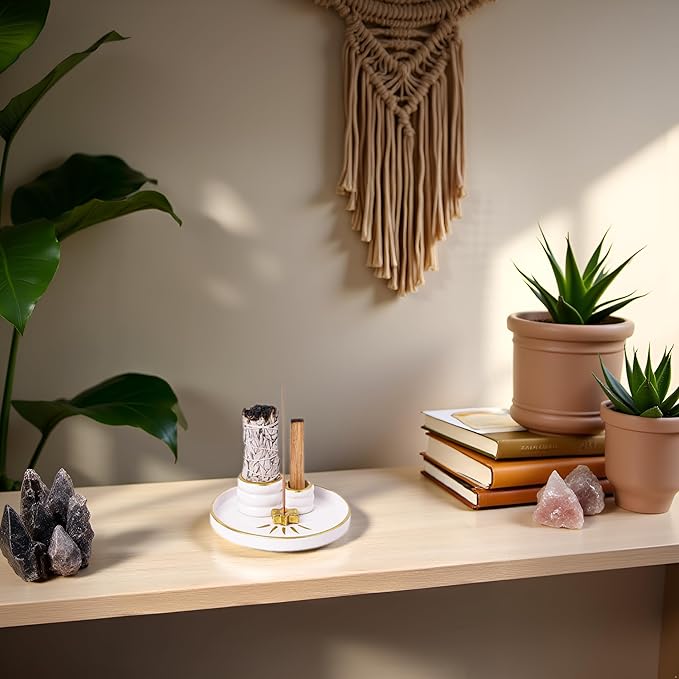 Ceramic Incense Holder Burner, Sage Holder for Burning, Palo Santo Sticks Holder, 5.51" Ash Catch Tray, Smudge Dish for Meditation Yoga, Modern Home Decor Gift