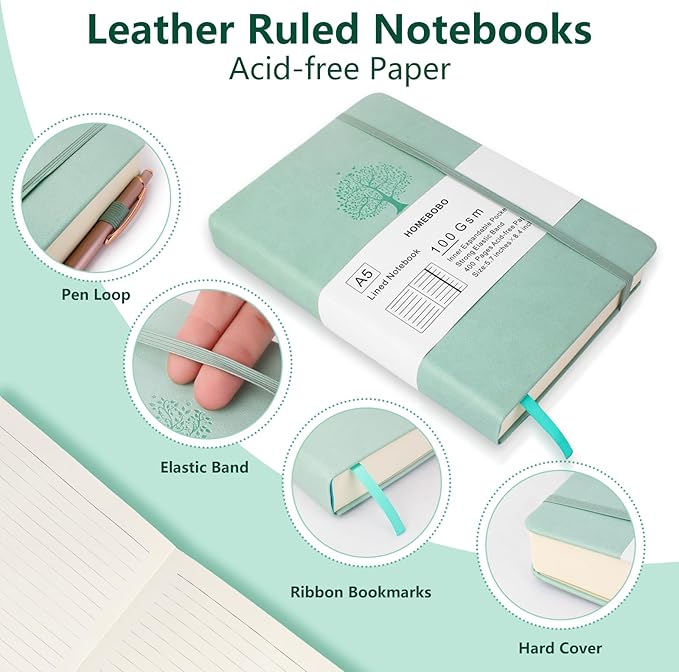Journals for Writing, A5 Leather Ruled Notebook with 400 Pages, 100 Gms College Ruled Journal with Thick Paper, Hardcover with Inner Pocket & Pen Holder, Bluish Green