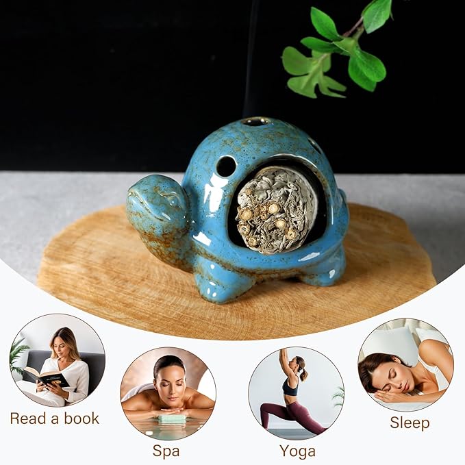 Blue Ceramic Turtle Palo Santo Burner - Mini Chiminea, Burns Palo Santo、Sage、Incense Cones, Doubles as Small Candle Holder for Energy Cleansing、Yoga、Meditation、Zen、Altar Aromatherapy