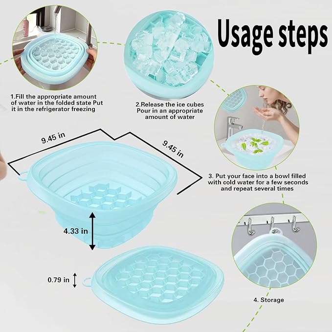 Face Bowl for Ice with Built-in IceTray,Collapsible Silicone Face Ice Bowl – Cold Plunge Therapy for Skin Tightening & Facial Treatment– Portable Spa Tool for Home & Travel（Blue)