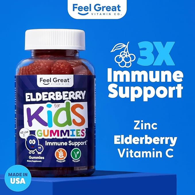 Feel Great Kids Elderberry Gummies with Zinc and Vitamin C (2-Pack) | Immune Support Sambucus Elderberry | Berry Flavored Vegan Multivitamins | 90 Count