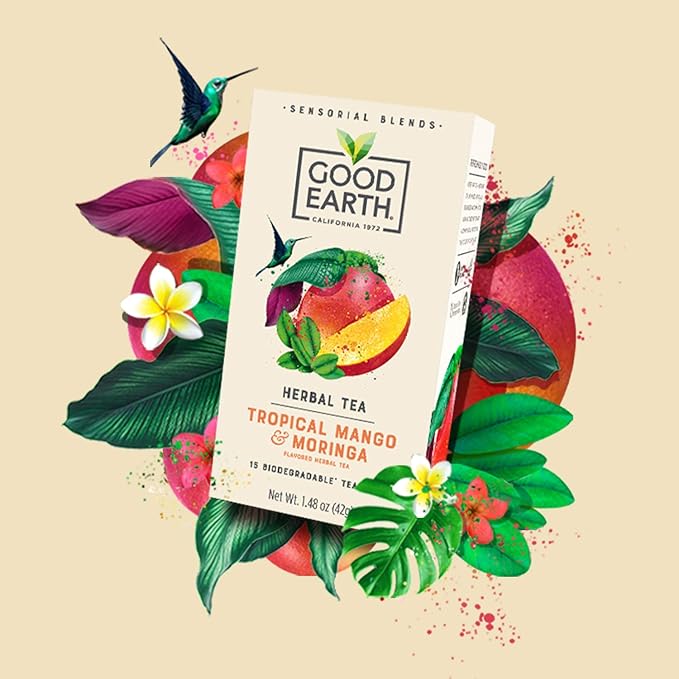Good Earth Sensorial Blend Flavored Herbal Tea Tropical Mango and Moringa, No Artificial Color, No Preservatives, 15 Bag (Pack of 5)