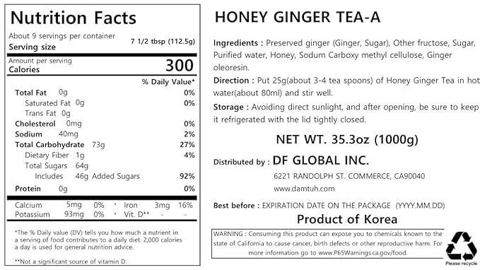 Damtuh Honey Ginger Tea – Natural Flavor & Warm Spicy Aroma, No Artificial Ingredients, Perfect for Hot or Iced Tea, Jam, or Salad Dressing (Sliced Ginger) 2.2lb 1000g x 2 Pack