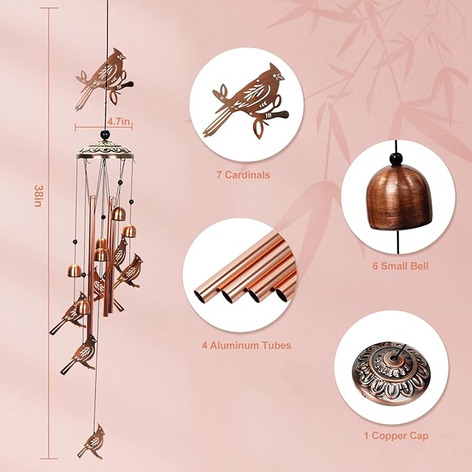 Copper Tone Animal Wind Chimes for Outdoors/Indoors - Cardinal Designs - Garden, Patio, Yard, Home Decor, for Women, Men, Mom, Birthday, Memorial, Housewarming (Cardinal)