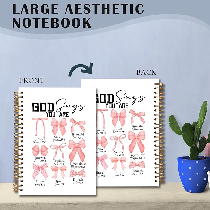 God Says You Are Christian Spiral Notebooks, Coquette Pink Bow Bible Journal, Scripture Journals for Writing, Girly Office Supplies, Religious Notebook for Note Taking, 5.5x8.3 Inch