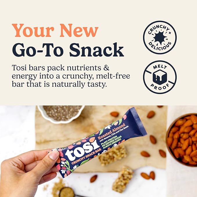 Tosi Almond Protein Bars, Plant Based with Nuts, Gluten-Free Crunchy Snacks, Vegan, Organic, Flax & Chia Seeds, Soy-Free, Omega 3s, 5G Protein, 1oz, 12-Pack