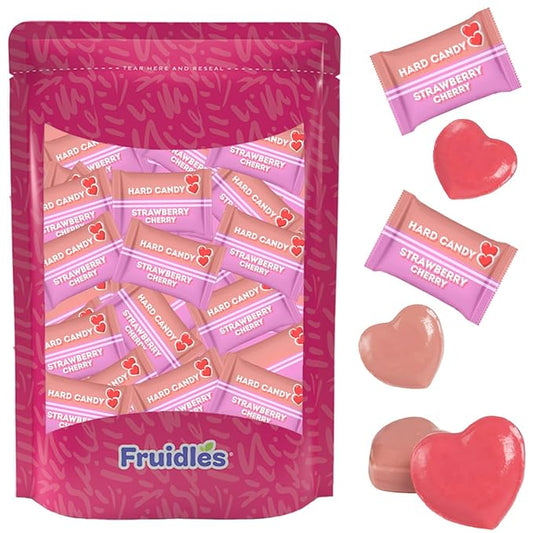 Fruidles Cherry & Strawberry Hearts Candy, Purple & Pink Heart Shaped Hard Candy Sucker Individually Wrapped in Foil, Made in Brazil (2 Pounds)