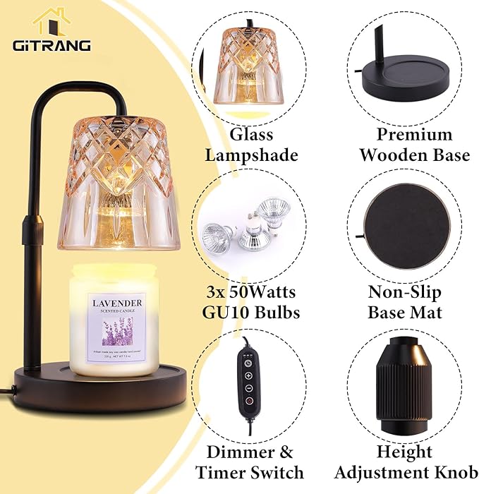 Candle Warming Lamp with Timer Dimmer, Adjustable Height Electric Wax Melt Warmer for Jar Candles with 3 Bulbs, Mother's Day Women's Home Decor Gift, Round Base with Black Pole