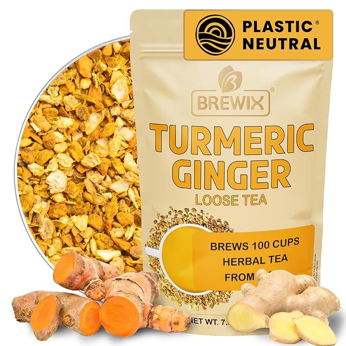 BREWIX, Turmeric Ginger Loose Herbal Tea (100+ Cups, 7.05oz/200g) Caffeine & Gluten Free | Ginger Root Tea | Savory & Spicy