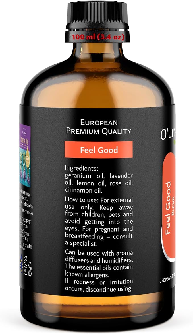 Premium Aromatherapy Essential Oil Feel Good Blend - 3.4 Fl Oz Happy & Relaxing Scent for Diffusers for Home - Relax Essential Oils for Humidifiers with Lavender Rose Lemon Cinnamon Geranium Aroma