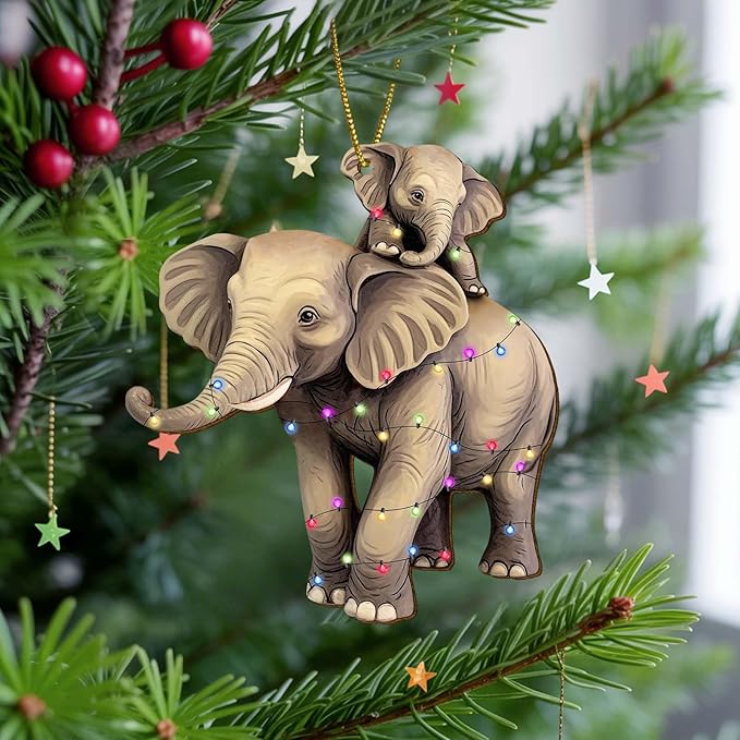 2 Side Printed Elephant Wooden Christmas Ornaments, Keepsake for Women, Men and Friends, Elephant Family Christmas Tree Ornaments, Animal Christmas Tree Decorations