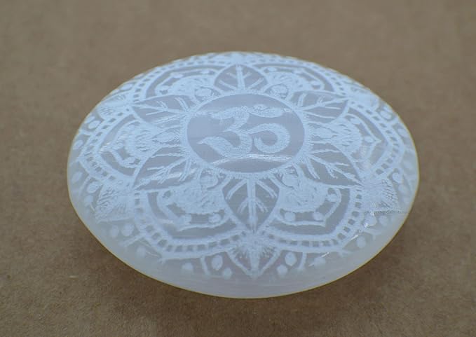 Amazing Gemstone Selenite Palm Stone - OM Engraved Hot Massage Worry Stone for Natural Body Chakra Balancing, Reiki Healing and Crystal Grid