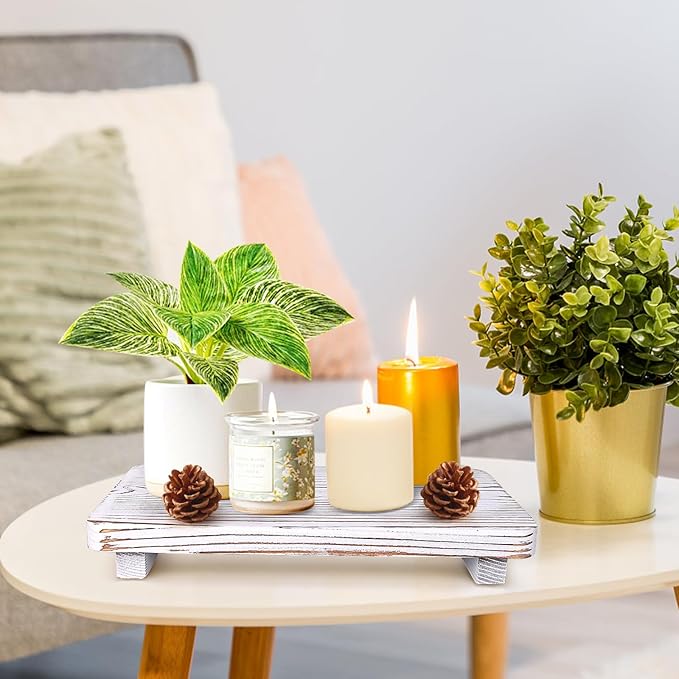 Bathroom Counter Tray Wood Pedestal Stand White Kitchen Countertop Trays Decorative Dish Soap Dispenser Holder for Bathroom Sink Accessories Wooden Riser Display Stands Kitchen Decor Vanity Tray