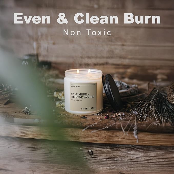 Hidden Label Cashmere & Blonde Woods Soy Candle, 12oz 2 Wick Non Toxic Candles for Home Scented, Bathroom Candle 70H Clean Burning Aromatherapy Candle for Stress Relief & Relaxation Gifts