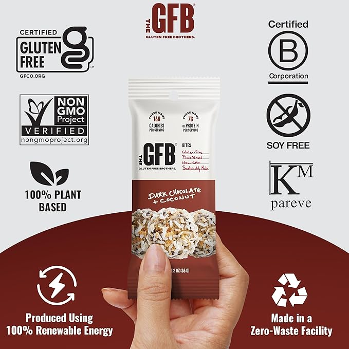 The GFB Dark Chocolate Coconut Protein Bites - Gluten Free, Plant Based, Non GMO, Sustainably Made – Ridiculously Tasty, Healthy, Vegan, Protein Energy Balls, 1.2 oz (10 count)