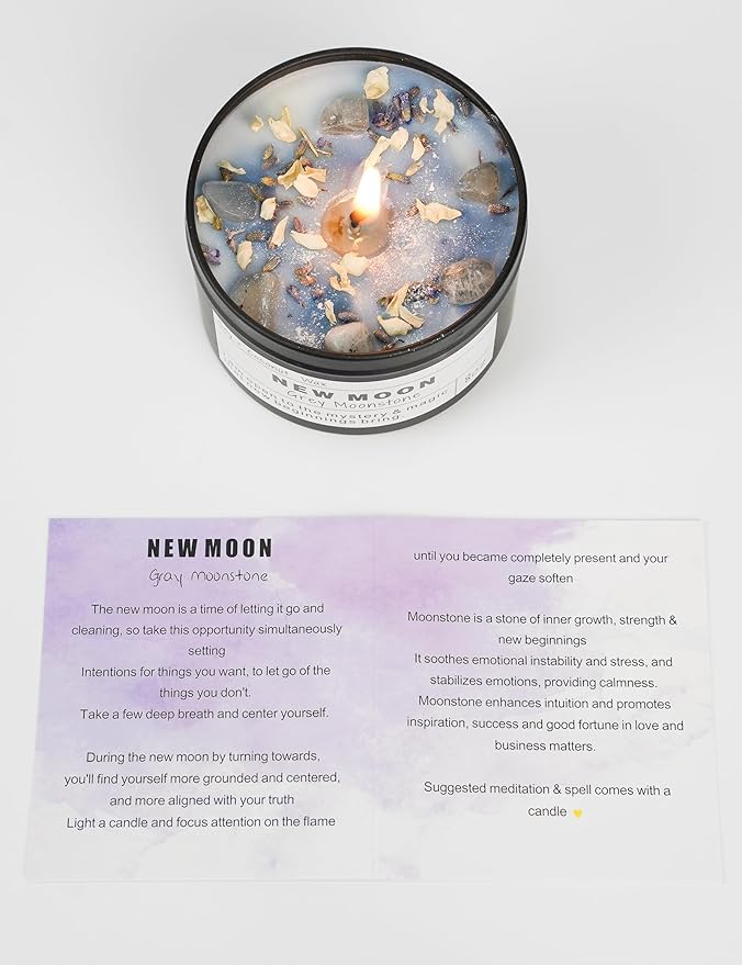 New Moon Gray Moonstone New Beginnings Ritual Energy Gift Grounding Manifestation Intention De-Stress Good Fortune Success Protection Meditation Magic Hande Made Candle(8oz).