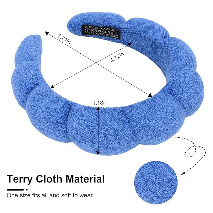 3 Pack Spa Terry Cloth Headbands - Puffy Hair Bands for Skincare, Makeup, and Face Washing