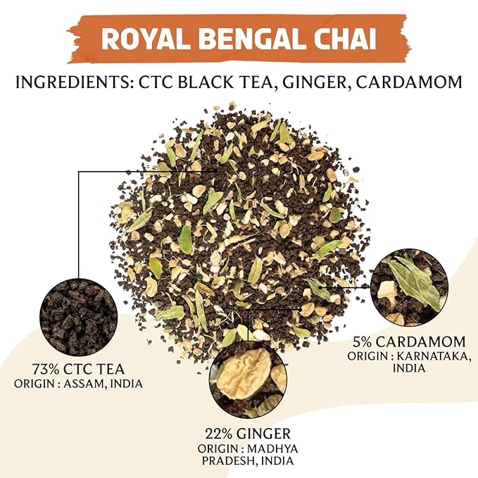 BREWIX, Royal Bengal Masala Chai Tea with Ginger and Cardamom | Loose Leaf CTC TEA (50+ Cups, 3.53oz/100g) Strong Robust & Aromatic, All Natural | Blended with Exotic Spices