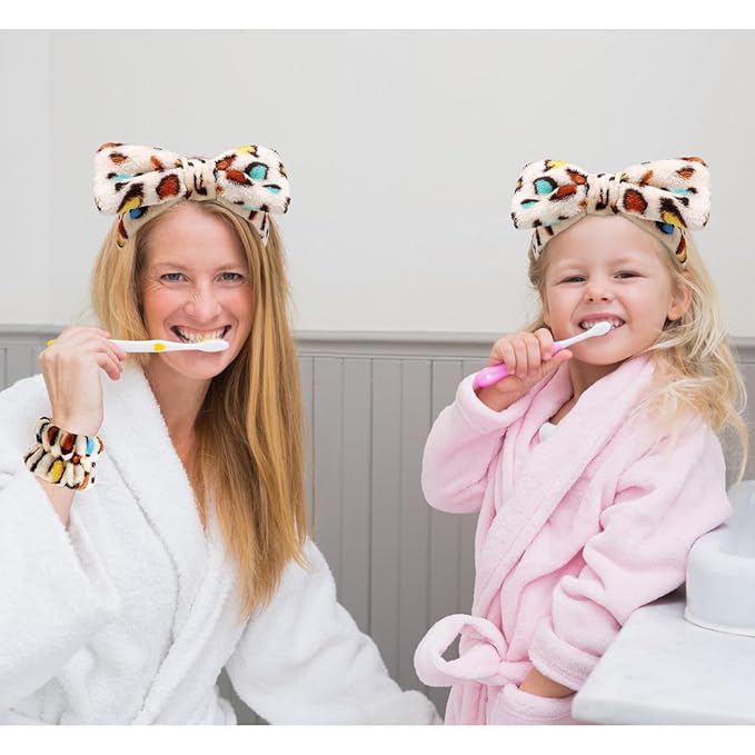 Velscrun 6 Pack Spa Headband, Makeup Headband, Face Wash Headbands, Skincare Headbands, Sponge Hair Band Bow Tie Spa Head Band for Washing Face Wristband Set Hair Accessories for Women Gifts Leopard D