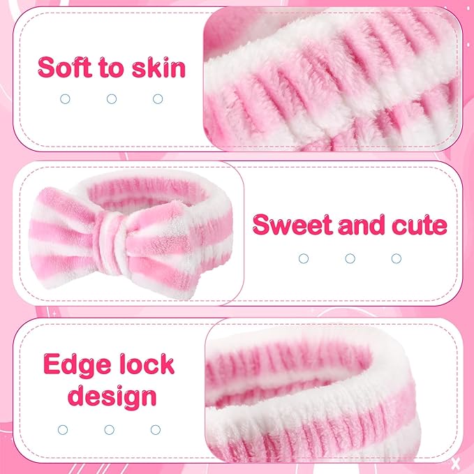25 Pcs Spa Headband Bulk Makeup Headbands for Washing Face Cute Bow Hairbands Soft Coral Fleece Hairbands for Women Face Skin Care Makeup Spa Gift Shower Yoga (Stripe Pattern,Pink)